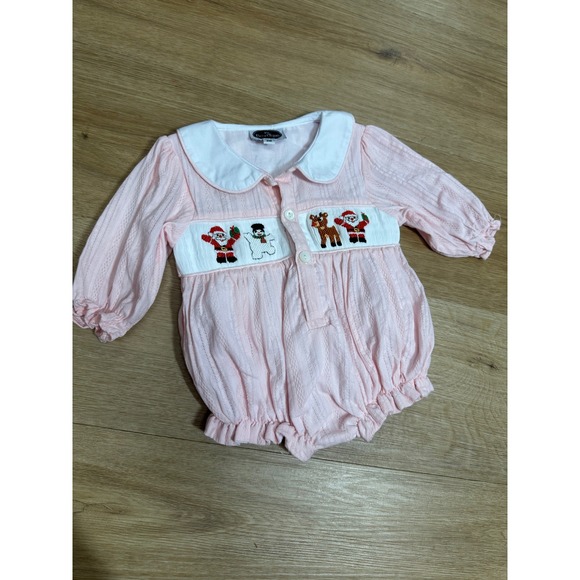 Mr. Bowtique Other - Mr. Bowtique Baby Girls 3M Christmas Smocked Bubble Romper Pink Santa Snowman